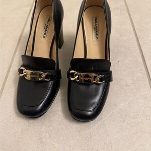 Karl Lagerfeld Black and Gold Heels with Elegant Chain Detail- never worn